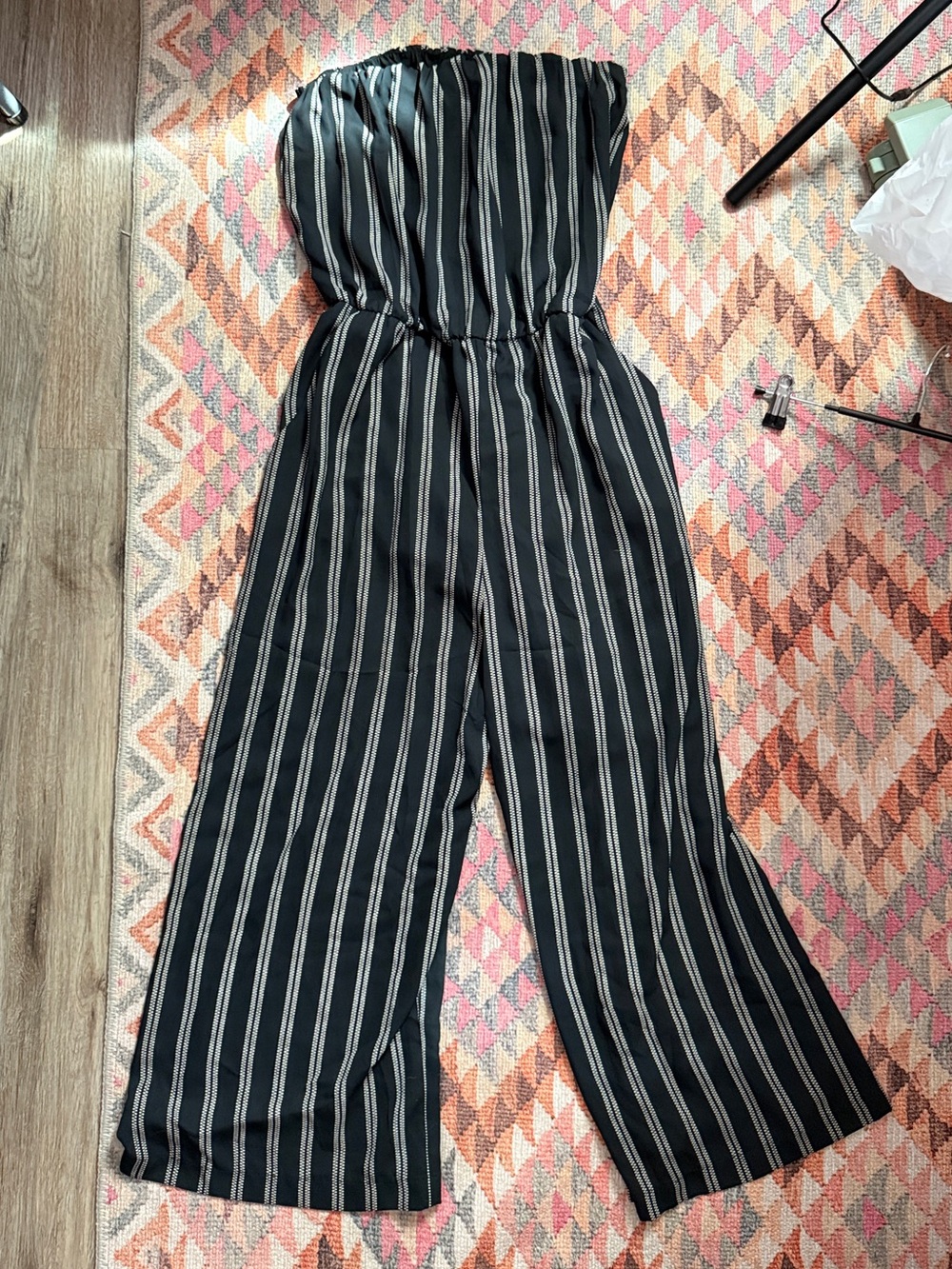 Abbeline Strapless Wide Leg Striped Jumpsuit Black Ivory L